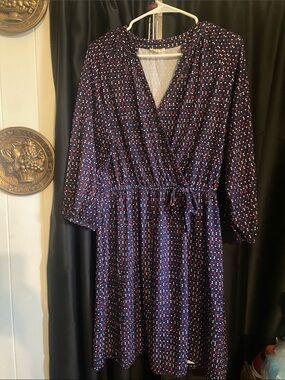 Maison Jules Navy Long-Sleeve Polka Dot Wrap Dress